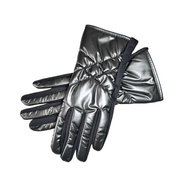 NEW Winter Puffer Gloves Sz.M 7 Gray Metallic Nylon Fleece Touchscreen Friendly - Picture 5 of 10